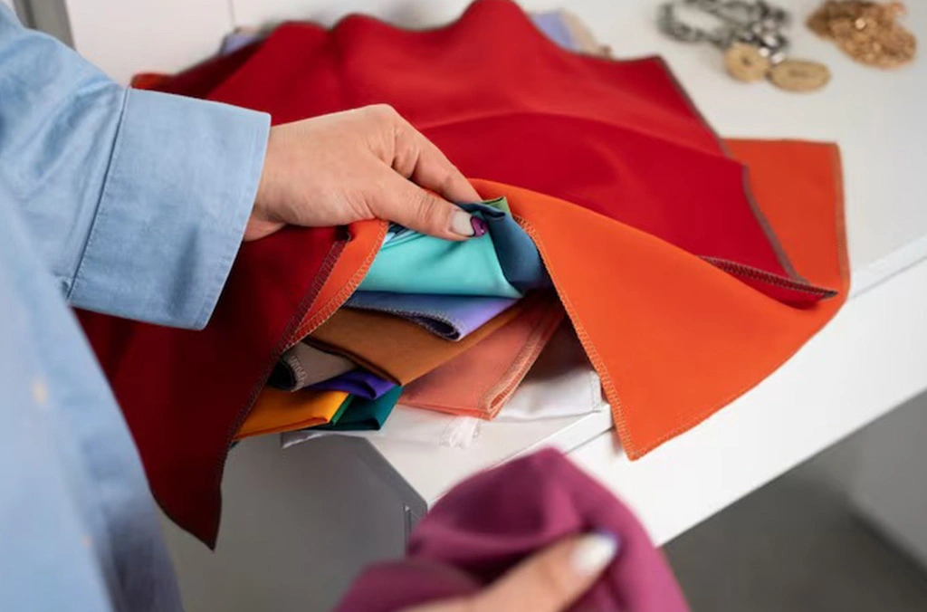 "Close-up of hand holding colorful fabrics, demonstrating fabric selection for sportswear based on GSM weight and texture for comfort."
