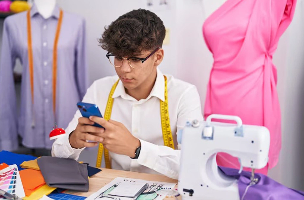 "Young fashion designer looking at fabric options on his phone in a sewing workspace, exploring GSM fabric suitability for sportswear."