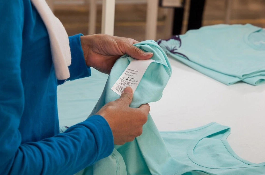 Person checking fabric label on garment, understanding GSM fabric weight for activewear durability and quality.