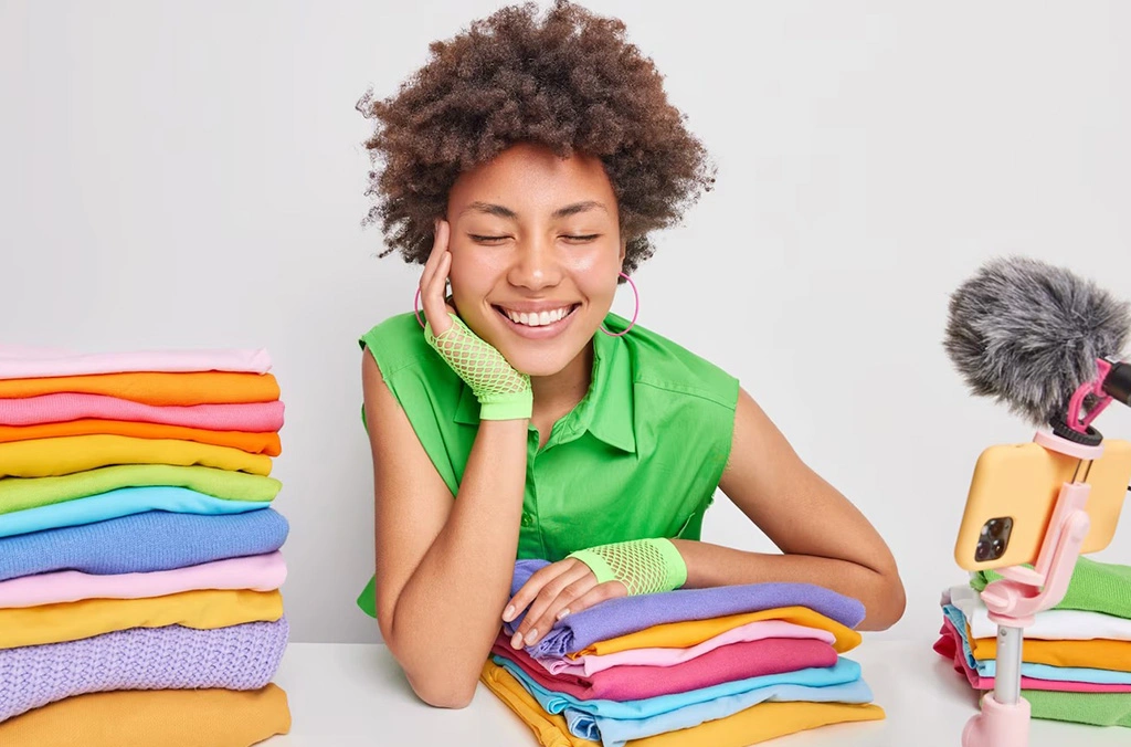 "Happy woman surrounded by folded colorful fabrics, showcasing the variety of GSM fabrics ideal for designing activewear and sports apparel."